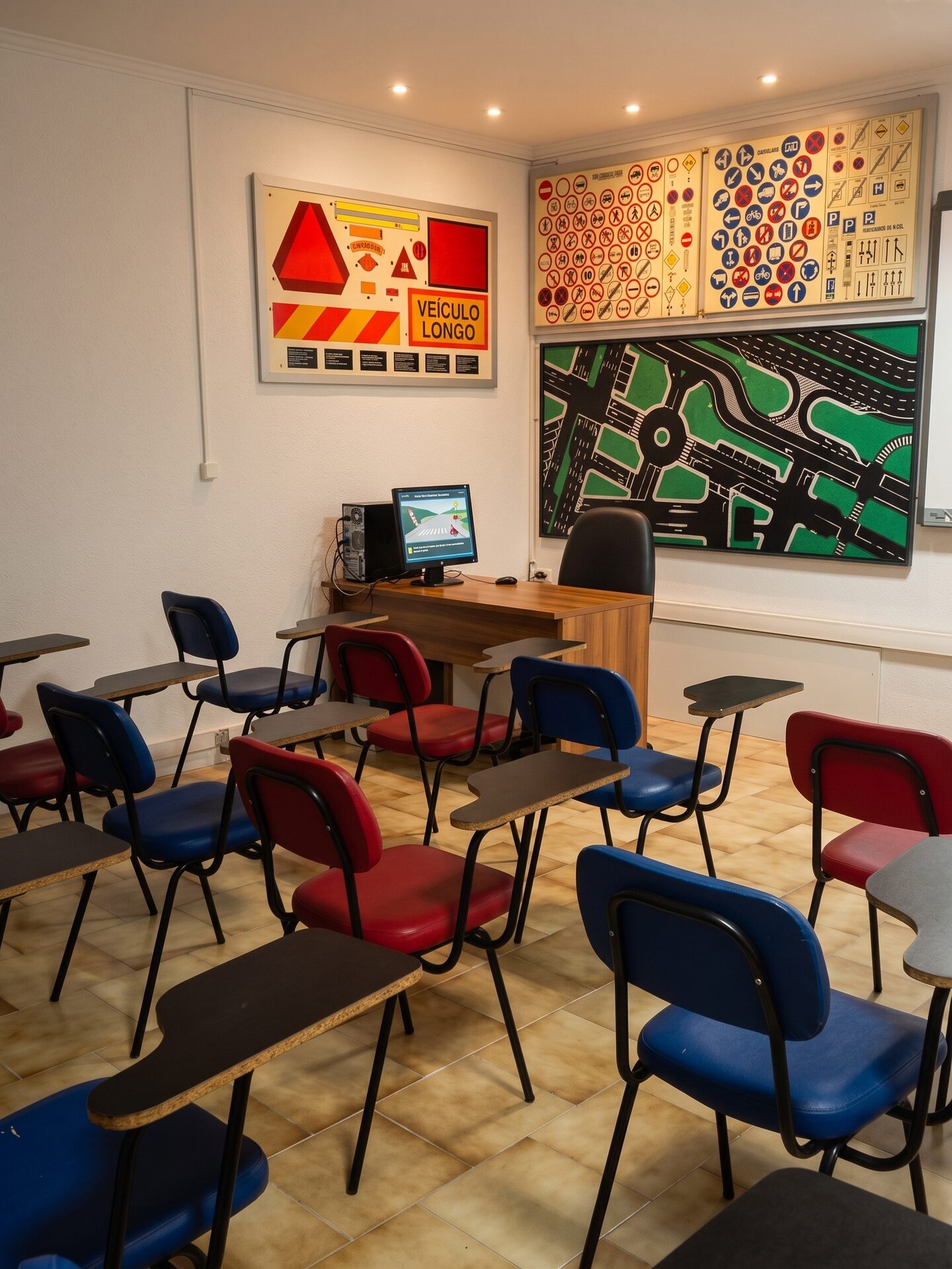 Sala de formação teórica da escola, preparada para as aulas de código